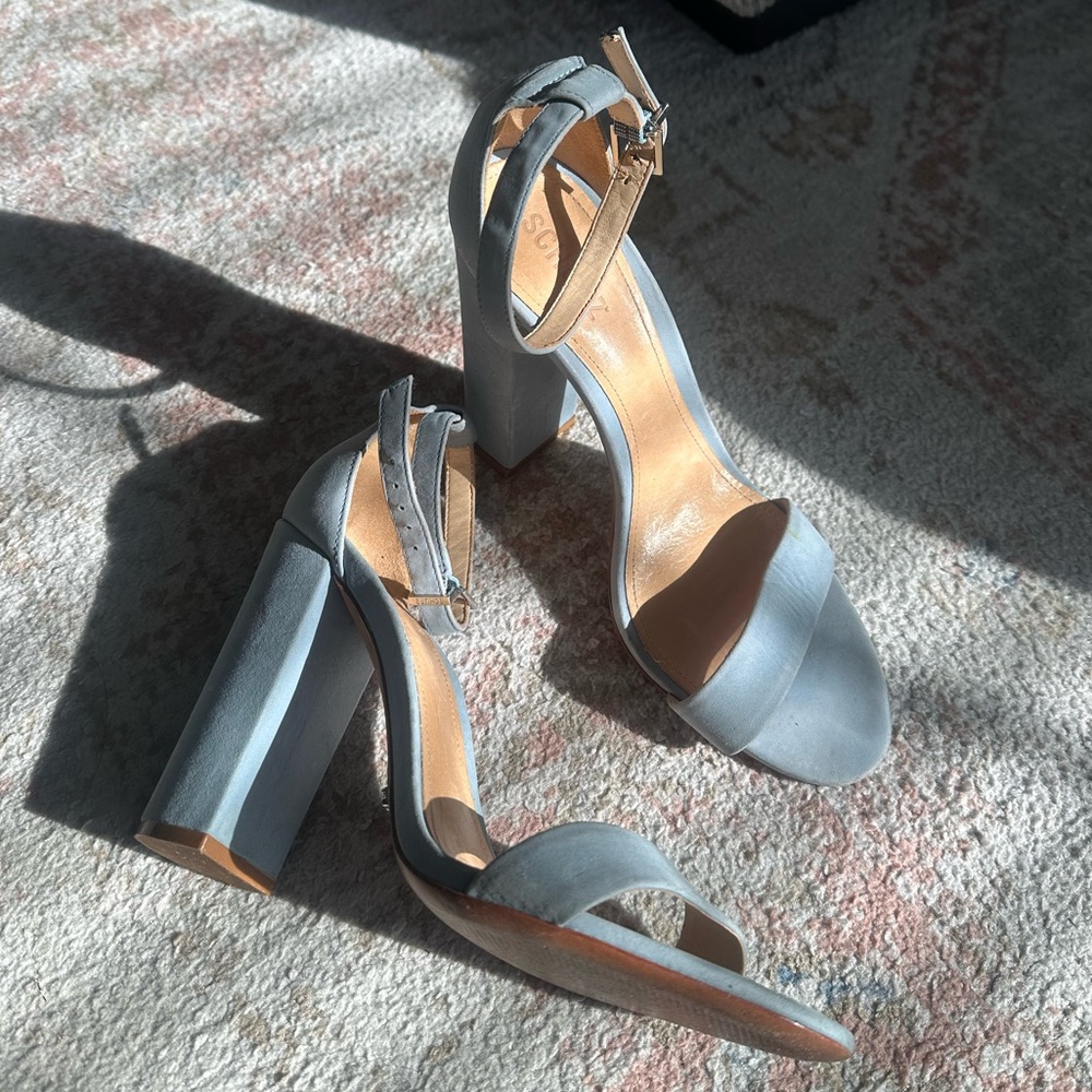 SCHUTZ Blue Suede Block Heel Sandals Size 8.5 B Ankle Strap Wedding Shoes